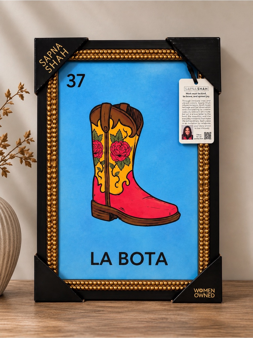 Sapna Shah Mexican La Loteria "LA BOTA" framed wall art NWT viral decor